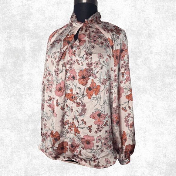 Liz Claiborne Floral Bow Neck Blouse – XL – Long Sleeve Blush Pink Top - Picture 4 of 6